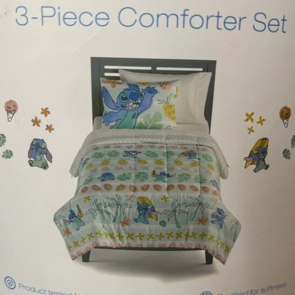 Disney Stitch Full Queen 3 Piece Comforter Tropical Funny Faces Big Kids NEW